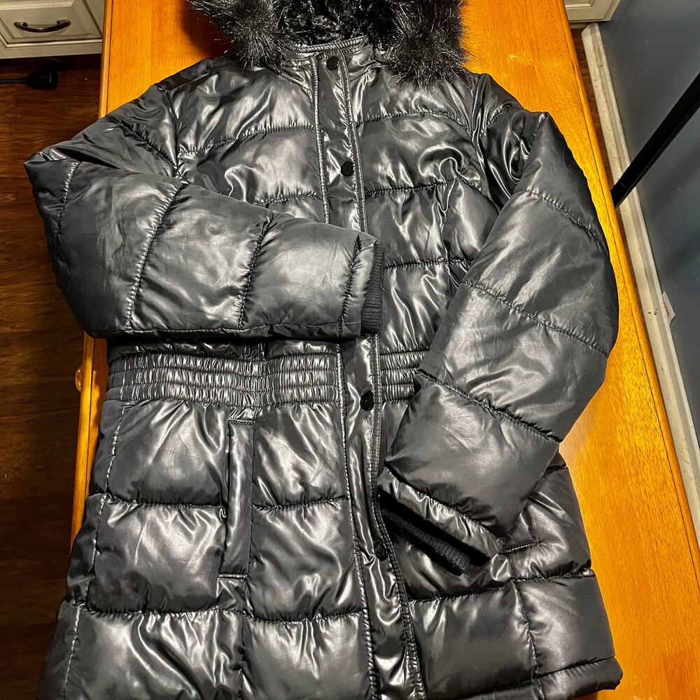 Justice Black Puffer Jacket Coat Girls Winter Faux Fur Hood 16/18 XL Thick Cozy